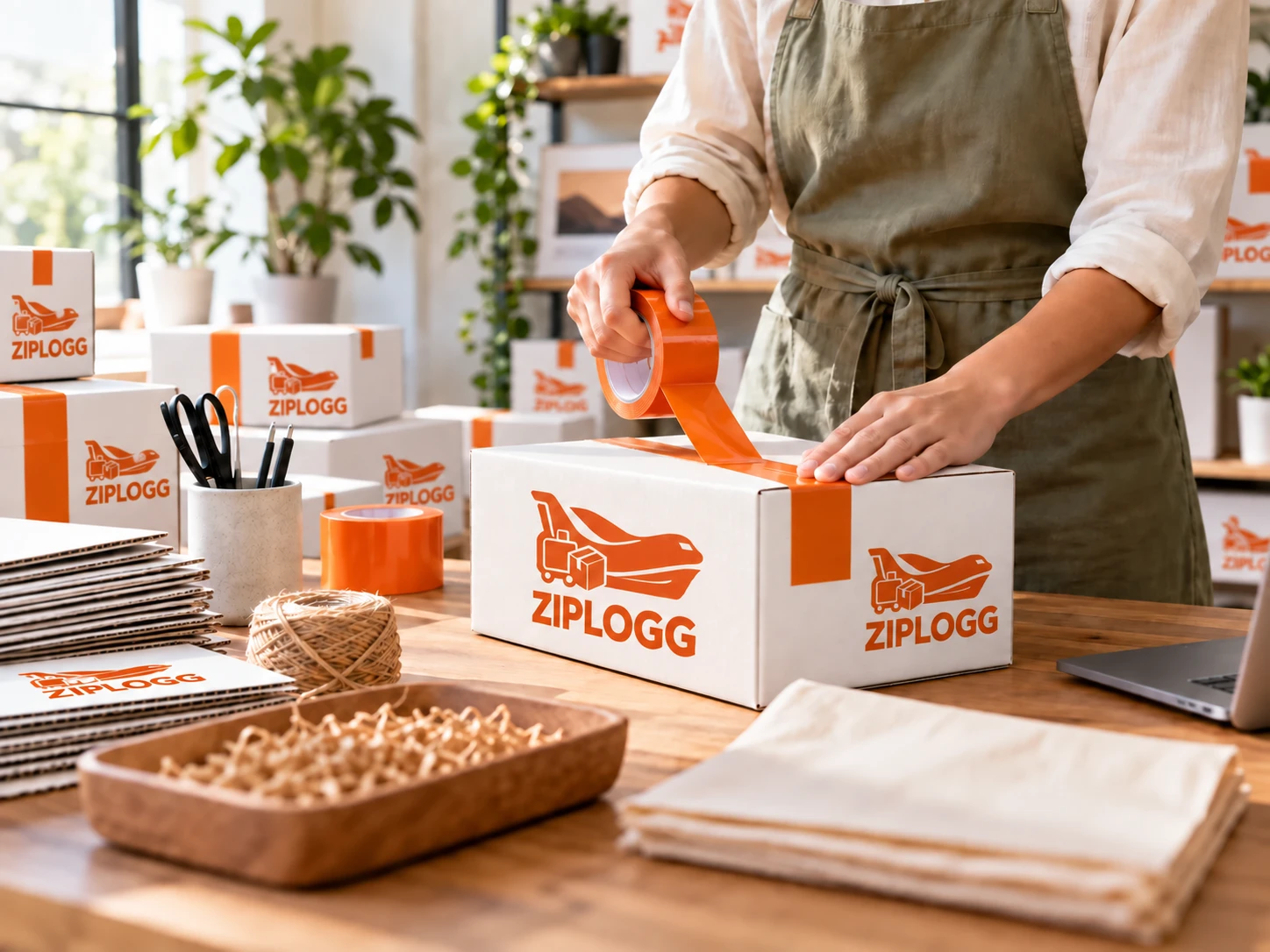 Hands sealing a business parcel with orange tape