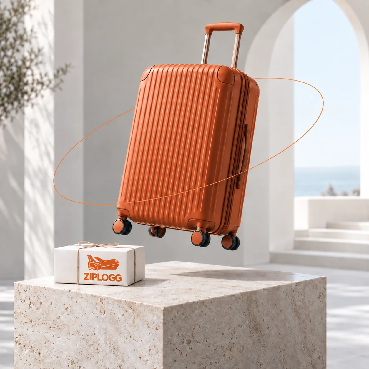 Orange suitcase floating above a stone pedestal