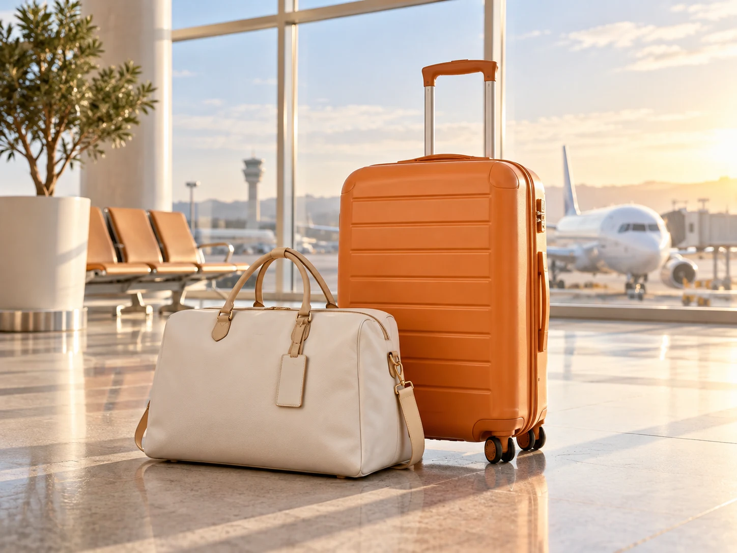 Orange suitcase and ivory bag in a sunlit airport